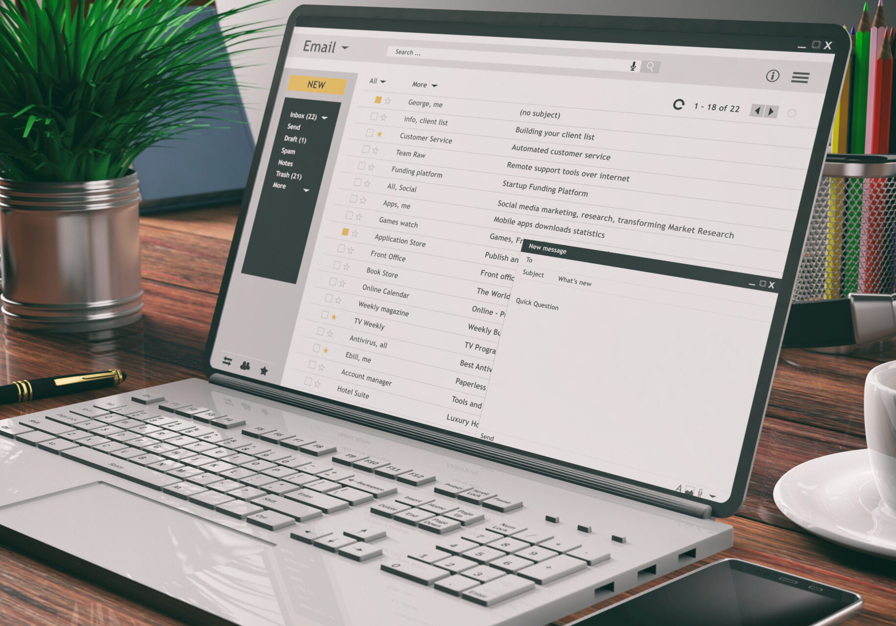 Emails On A Laptop Screen, Wooden Desk, Office Background. 3D Illustration Emails On A Computer Laptop Screen, Wooden Desk, Office Background. 3D Illustration