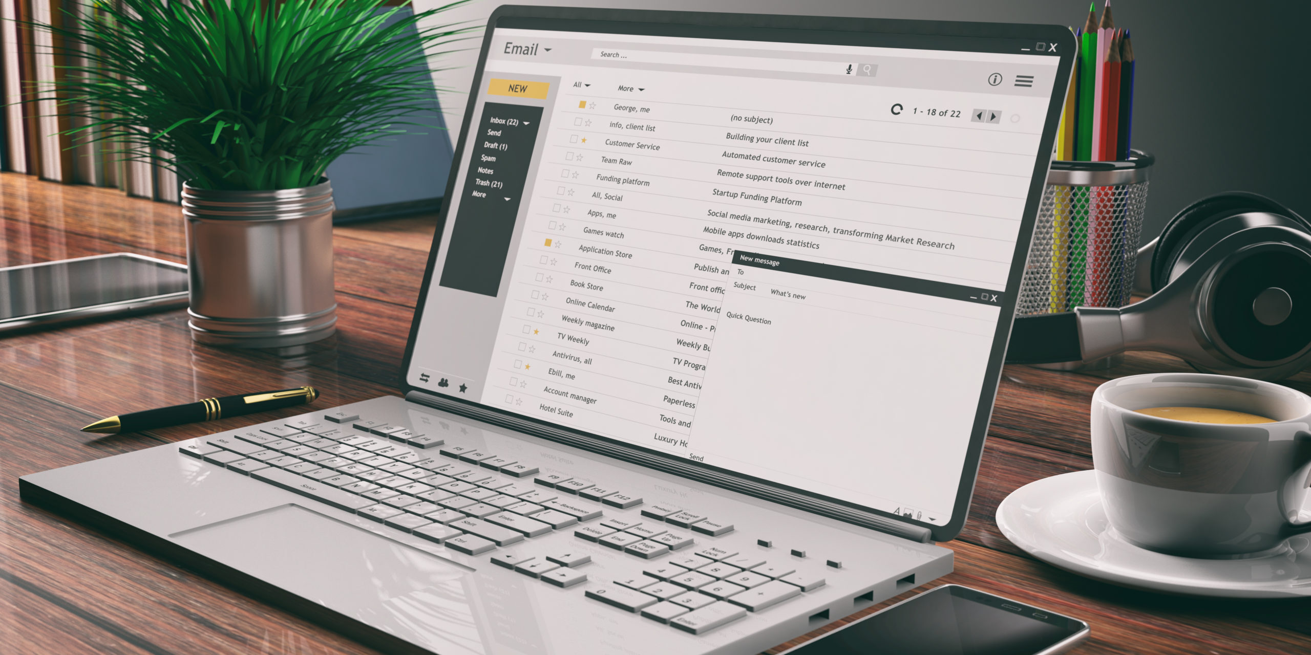 Emails On A Computer Laptop Screen, Wooden Desk, Office Background. 3D Illustration
